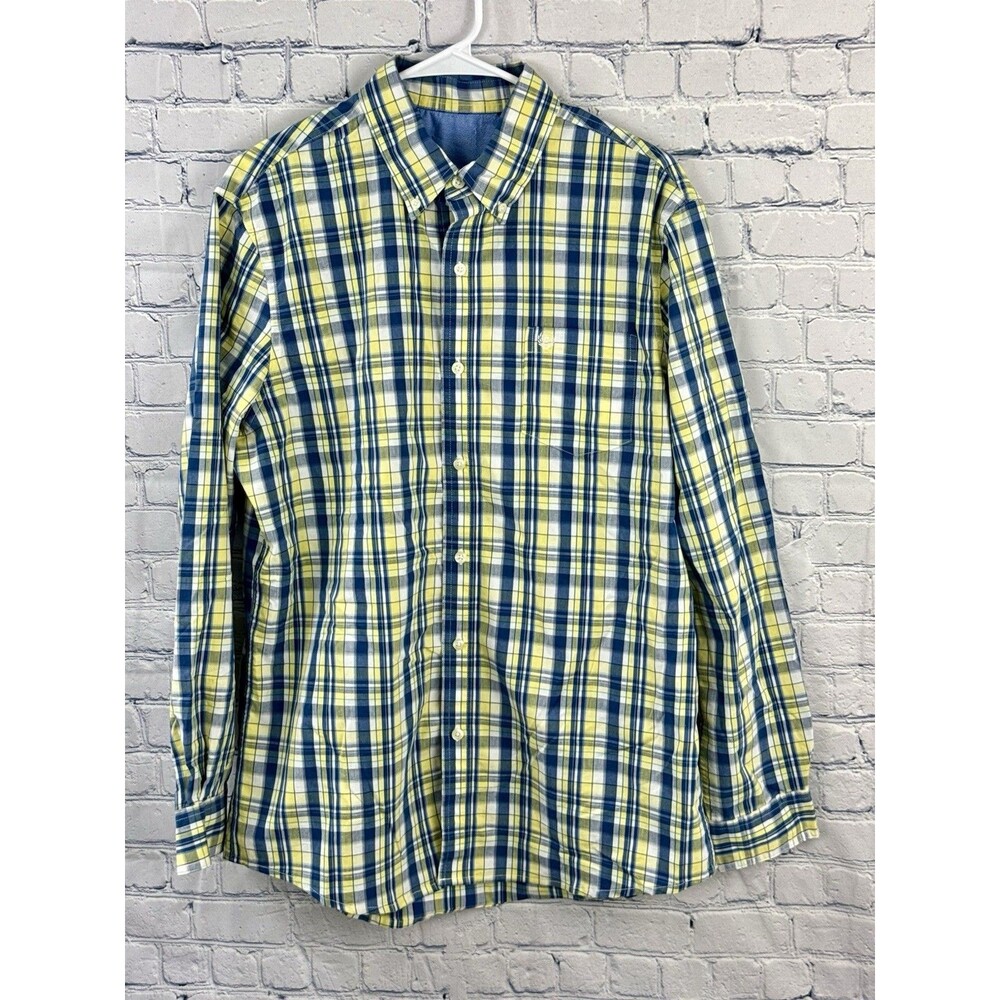 Y2K Chaps Mens LS Sustainable Easy Care Woven Shirt Blue/Yellow Plaid Sz Large